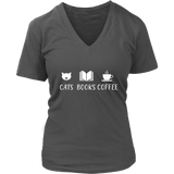 "Cats Books Coffee" V-neck Tshirt - Gifts For Reading Addicts