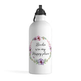 Books Are My Happy Place - Stainless Steel Eco-friendly Water Bottle with bookish floral design - Gifts For Reading Addicts