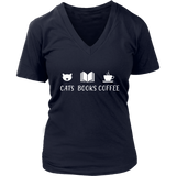 "Cats Books Coffee" V-neck Tshirt - Gifts For Reading Addicts
