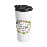 Uniquely Portable Magic - Eco-friendly Stainless Steel Travel Mug With Floral Bookish Design - Gifts For Reading Addicts