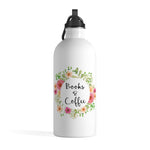 Books & Coffee - Stainless Steel Eco-friendly Water Bottle with bookish floral design - Gifts For Reading Addicts