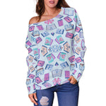 BLUE BOOK PATTERN OFF SHOULDER SWEATER - Gifts For Reading Addicts